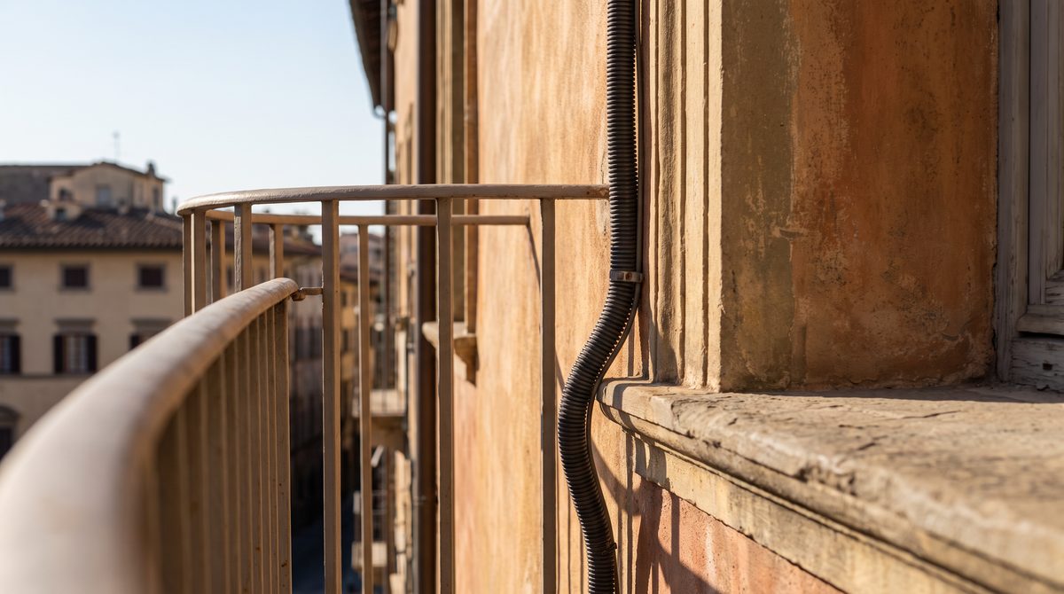 Una ringhiera di balcone in primo piano con un edificio antico e un tubo nero sulla facciata, sotto un cielo chiaro.