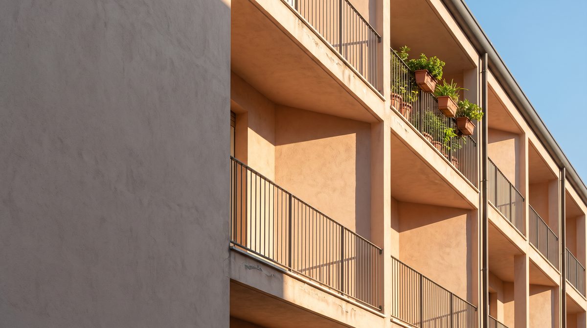 Una facciata di un edificio moderno con balconi e ringhiere scure, illuminata dal sole, con piante in vaso e un cielo azzurro.